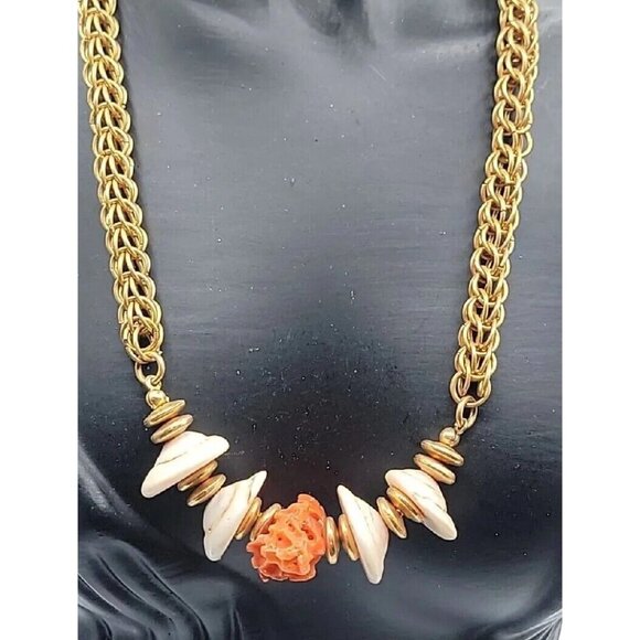 Miriam Haskell Puka Shell Raw Coral Necklace Vintage 15" Gold Tone Wheat Chain - Picture 4 of 16